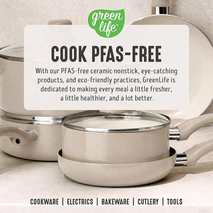 GreenLife 16-Piece Nonstick Cookware Set, Non-Toxic Ceramic Pots and Pans Set, Durable Healthy Kitchen Essentials, Fast Heating, Induction Ready, Easy Clean Dishwasher Safe, PFAS-Free, Beige Taupe