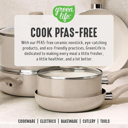 GreenLife 16-Piece Nonstick Cookware Set, Non-Toxic Ceramic Pots and Pans Set, Durable Healthy Kitchen Essentials, Fast Heating, Induction Ready, Easy Clean Dishwasher Safe, PFAS-Free, Beige Taupe