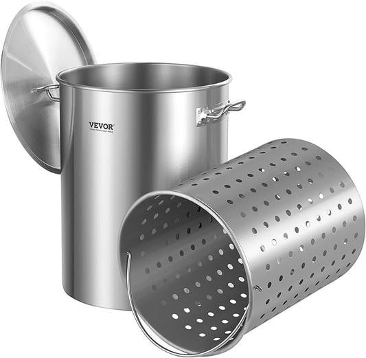 VEVOR Stainless Steel Stockpot, 36 Quart Cooking Pots, Cookware Sauce Pot with Basket, Lid, and Handle, Heavy Duty Commercial Grade Stock Pot, Sanding Treatment, for Steaming Boiling or Frying Silver by VEVOR