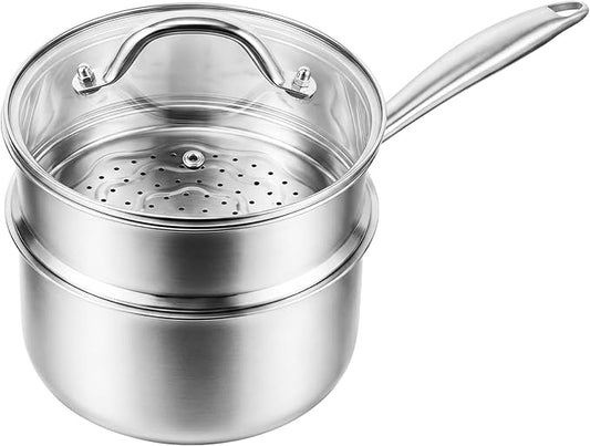 Ohtomber Tri-Ply Stainless Steel Pot - 2.5 Qt Steamer for Cooking, Saucepan with Lid, Medium Kitchen Induction Cooking Pot with Vegetable Food Steamer Basket, Non Stick Sauce Pan with Stay-Cool Handle by Ohtomber