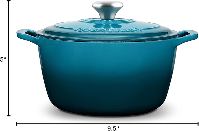 ROSSALLINI Signature Enameled Cast Iron Dutch Oven, Non-Stick Serving Pot with Tight Fitting Lid for Perfect Roasting, Baking, Sauteing, and Bread Making | 5.5Q (5.2L) - Ocean Blue