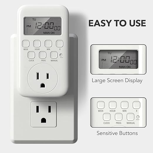 BN-LINK Indoor Digital Timer Outlet, Single Outlet 7 Day Programmable Light Switch, 3 Prong Plug in Timers for Electrical Outlets, Lamps, Fans, 8 On/Off Programs, 1 Pack, 15A/1875W, ETL Listed - Image 2