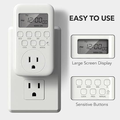 BN-LINK Indoor Digital Timer Outlet, Single Outlet 7 Day Programmable Light Switch, 3 Prong Plug in Timers for Electrical Outlets, Lamps, Fans, 8 On/Off Programs, 1 Pack, 15A/1875W, ETL Listed - Image 2