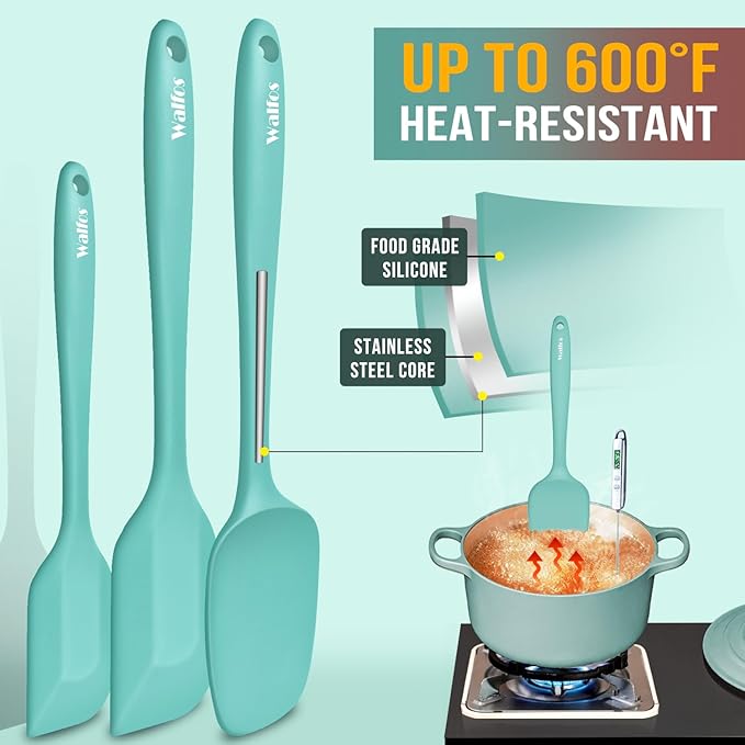 Walfos Silicone Spatula - 600°F High Heat Resistant Kitchen Spoon Spatulas（set of 5), Strong Steel Core and One-Pieces Design, For Cooking Mixing & Baking - BPA Free and Dishwasher Safe (Teal/Aqua) - Image 2