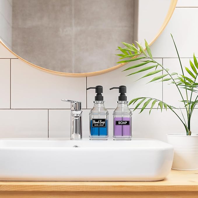 LMQML Soap Dispenser - 2 Pack, Antique Design Thick Glass Hand Soap Dispensers with Sturdy Tray; 304 Rust Proof Stainless Steel Black Pump, 12Pcs Stickers, for Kitchen, Bathroom - Image 7