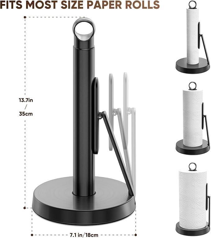 theaoo Heavy-Duty Stainless Steel Paper Towel Holder with Tension Arm – Easy One-Handed Tear, Modern Standing Countertop Dispenser for Kitchen, Holds All Paper Towel Rolls (1, Black) - Image 2
