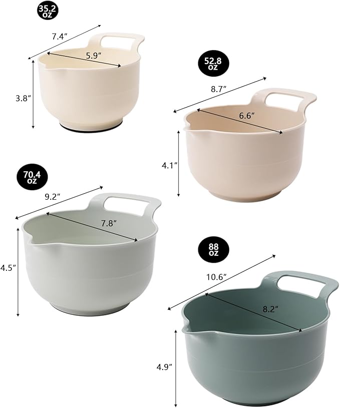 Mixing Bowls - 4 Piece Nesting Plastic Mixing Bowl Set with Pour Spouts and Handles - Non Slip Bottom and Measurement Markings (Light Green) - Image 2