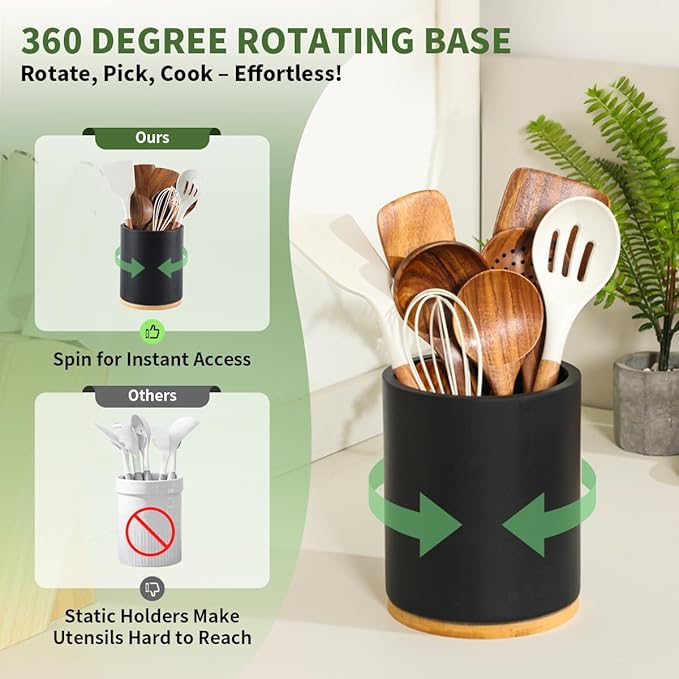 Wooden Utensil Holder, 360°Rotating 7.3'' Large Utensil Holder for Kitchen Counter, Kitchen Utensil Organizer, Utensil Crock, Farmhouse Kitchens Countertop Decor, Black Color - Image 3