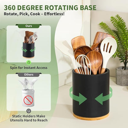 Wooden Utensil Holder, 360°Rotating 7.3'' Large Utensil Holder for Kitchen Counter, Kitchen Utensil Organizer, Utensil Crock, Farmhouse Kitchens Countertop Decor, Black Color - Image 3