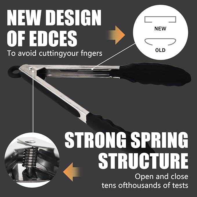 Kitchen Tongs with Silicone Tips, Kitchen Tongs, Cooking Tongs, Premium Stainless Steel Locking Cooking Tongs, Non-Slip Food Tongs for Cooking, Heavy Duty, Non-Stick, 480℉, Set of 3-7"/9"/12" Black - Image 4