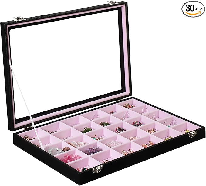 Stratalife Jewelry Organizer Earring Holder Jewelry Tray with Lid Earring Storage Drawer Organizer Earring Ring Storage for Women 30 Grid (Pink Black)