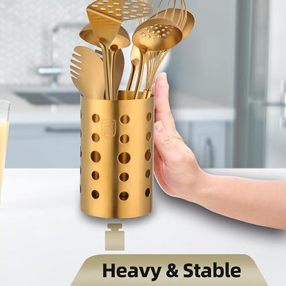 QRU Kitchen Utensil Holder for Countertop (H6.7” x W4.1”), Stainless Steel Cooking Utensil Caddy for Tools, Spatulas, Spoons, Silverware & More, Cooking Utensil Organizer, Kitchen Decor (Gold)