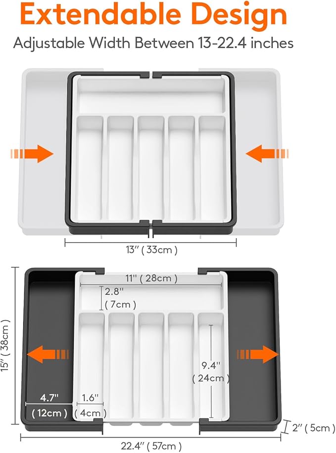 Lifewit Silverware Drawer Organizer, Expandable Utensil Tray for Kitchen, BPA Free Flatware and Cutlery Holder, Adjustable Plastic Storage for Spoons Forks Knives, 13-22 x 15", White&Black - Image 3