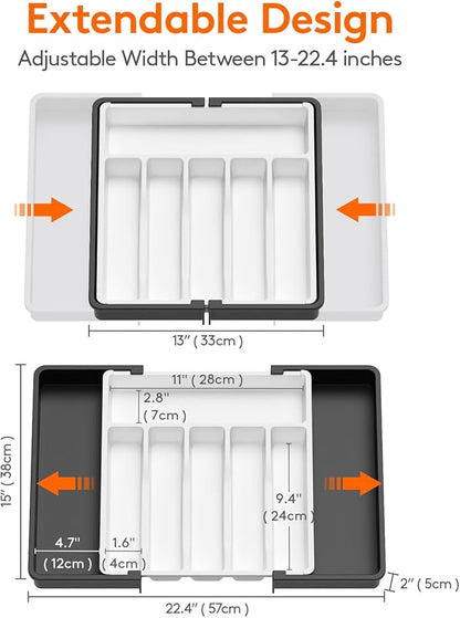 Lifewit Silverware Drawer Organizer, Expandable Utensil Tray for Kitchen, BPA Free Flatware and Cutlery Holder, Adjustable Plastic Storage for Spoons Forks Knives, 13-22 x 15", White&Black - Image 3