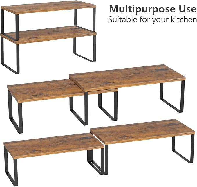 NEX Kitchen Cabinet and Counter Shelf Organizer, Stackable & Expandable, Set of 4, Black and Rustic Brown - 7.7 x 15.6 x 6.2'' - Image 4