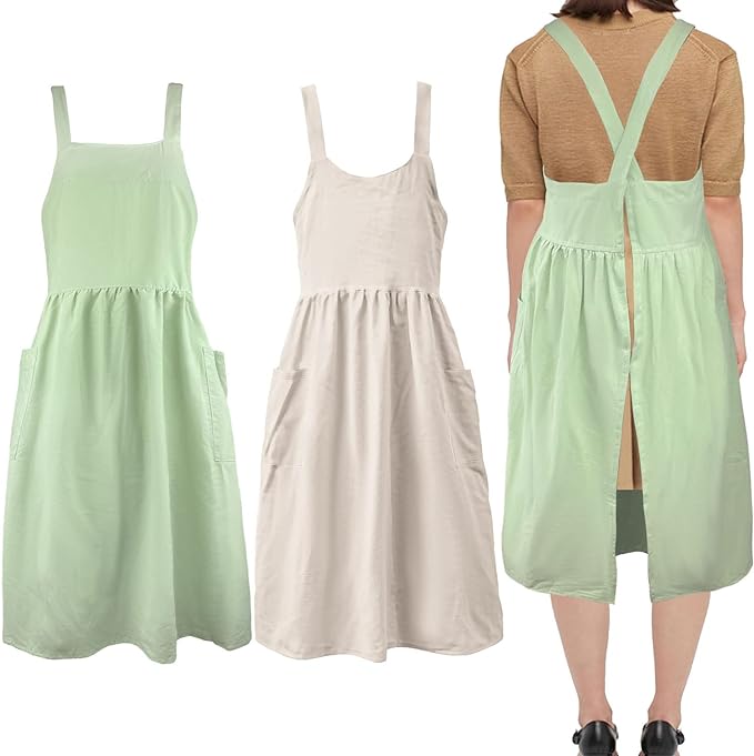 Uaussi Cotton Linen Apron Cross Back Work Apron for Women with Pockets Pinafore Dress X Cross Halter Apron for Chef Gardening by Uaussi