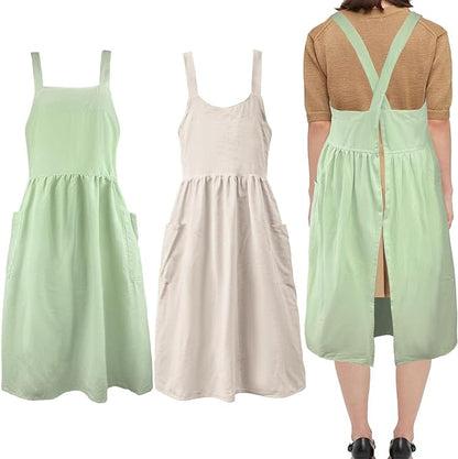 Uaussi Cotton Linen Apron Cross Back Work Apron for Women with Pockets Pinafore Dress X Cross Halter Apron for Chef Gardening by Uaussi