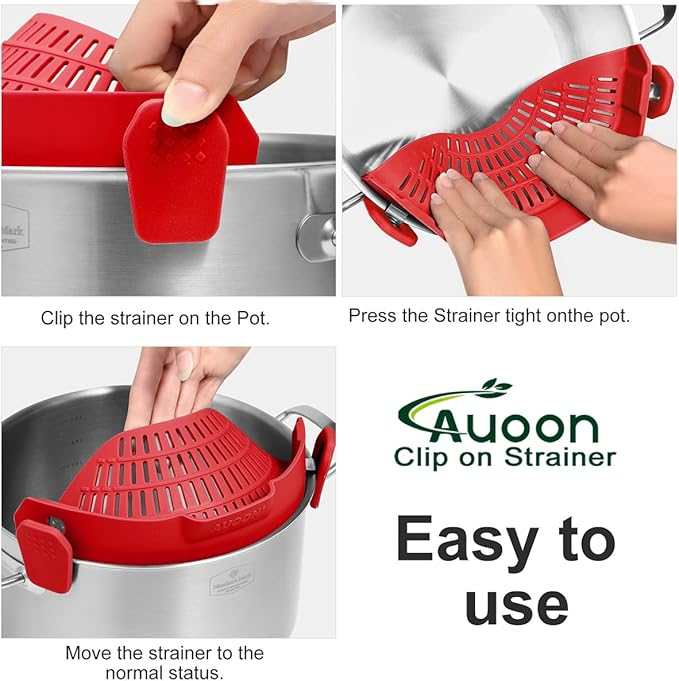 Large AUOON Clip on Strainer for All Pots and Pans - Oversized Silicone Pot Strainer Family-Style Design Pasta Strainer Kitchen Colander for Spaghetti and Noodles | Dishwasher Safe - Image 4