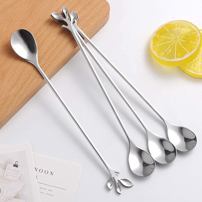 AnSaw 6-Piece Elegant Silver Leaf Long Handle Teaspoons - 7.4" Stainless Steel Stir Spoons for Coffee & Tea, Perfect for Mixing & Stirring - Image 4