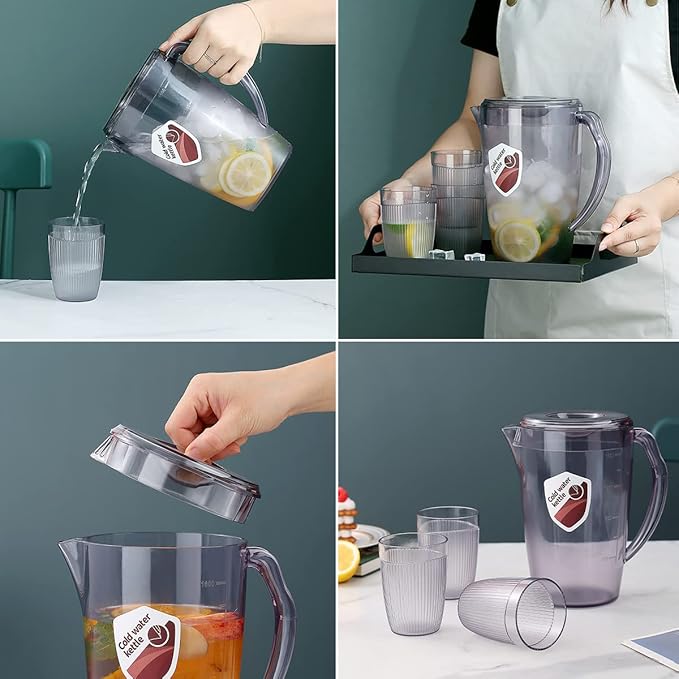 HOMQUEN Plastic Pitcher with 3 Cup, 60 Oz/1.8L Water Pitcher with Lid, Iced Tea Pitcher, Water Carafe, Jar Pitcher, Water Jug with Handle for Tea, Juices, Milk, Cold or Hot Beverages (Gray) - Image 6