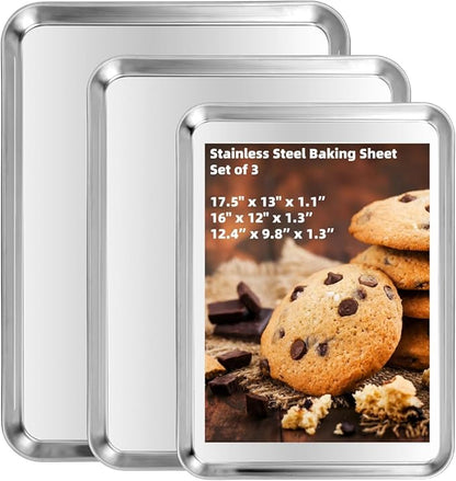 Baking Sheet Set of 3, Heavy-Duty Stainless-Steel Baking Pans, Cookie Sheets Cooking Trays for Oven, 3 Different Sizes (12/16/17.5 Inch) by Kichwit