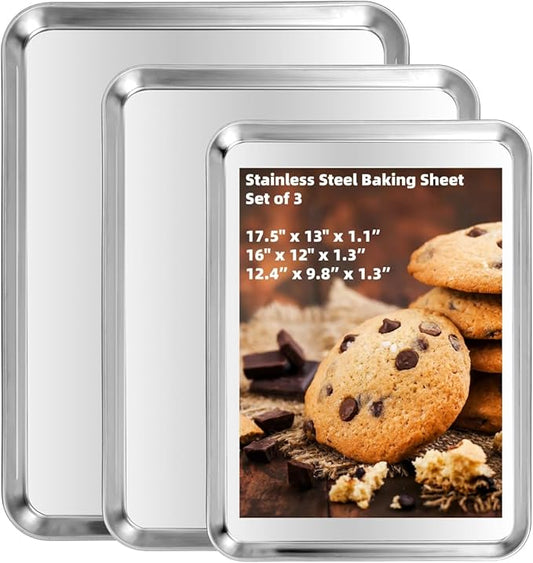 Baking Sheet Set of 3, Heavy-Duty Stainless-Steel Baking Pans, Cookie Sheets Cooking Trays for Oven, 3 Different Sizes (12/16/17.5 Inch) by Kichwit