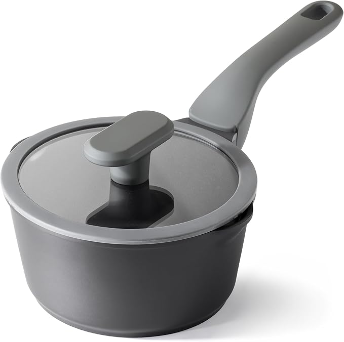 PRICUSIS Ceramic Nonstick Saucepan with Lid, 1.3 Quart Non Toxic Pot with Pour Spouts, Full Coated, 100% Dishwasher Safe, Induction Compatible & Oven Safe, PFOS & PFOA Free, Black Sesame by PRICUSIS
