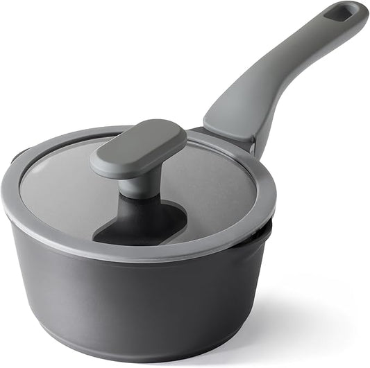 PRICUSIS Ceramic Nonstick Saucepan with Lid, 1.3 Quart Non Toxic Pot with Pour Spouts, Full Coated, 100% Dishwasher Safe, Induction Compatible & Oven Safe, PFOS & PFOA Free, Black Sesame by PRICUSIS