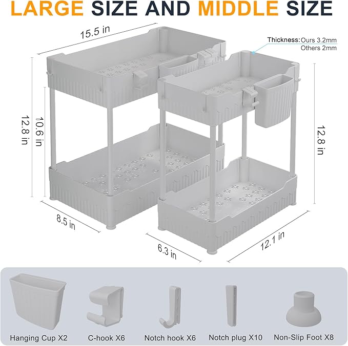 Sevenblue 2 Pack Under Sink Organizer, Under Bathroom Cabinet Organizer with Hooks Hanging Cup, Multi-Purpose Storage Shelf for Kitchen Bathroom (Gray, 12.8 Inch) - Image 5