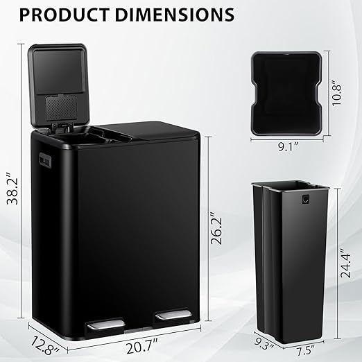 SUPER DEAL Kitchen Trash Can, 16 Gallon 60L Dual Garbage and Recycling Can with Foot Pedal for Kitchen, Living Room, Office, Removable Inner Buckets Soft Close Lid Odor Proof, Stainless Steel, Black