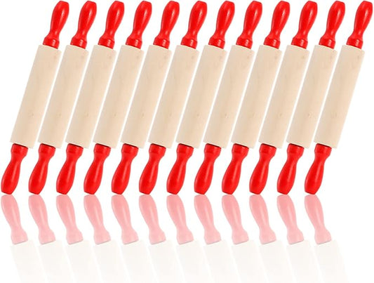 SOUJOY Set of 12 Mini Rolling Pin, 8 Inch Wood Dough Roller for Baking with Red Handle, Small Clay Rolling Pin for Craft Fondant Pastry Pizza Crafting and Imaginative Play by SOUJOY