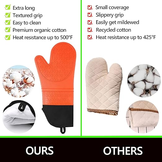 Silicone Oven Mitts and Pot Holders Set, MTZRFLL Extra Long Heat Resistant Oven Gloves with Hot Pads and Mini Oven Mittens for Grilling, Kitchen Cooking Baking, Soft Quilted Lining, Pack of 6 (Orange) - Image 3