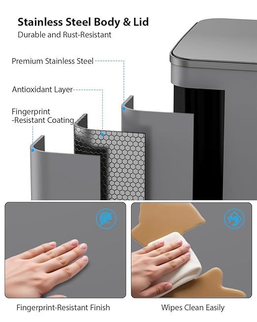 Lovewind Trash Can, 2 x 10.5 Gallon (2 x 40 L) Garbage Can for Kitchen Dual Compartment Recycling Kitchen Step Trash Bin, Stainless Steel Trash and Recycle Bin Combo with Soft-Close Lid, Grey - Image 4