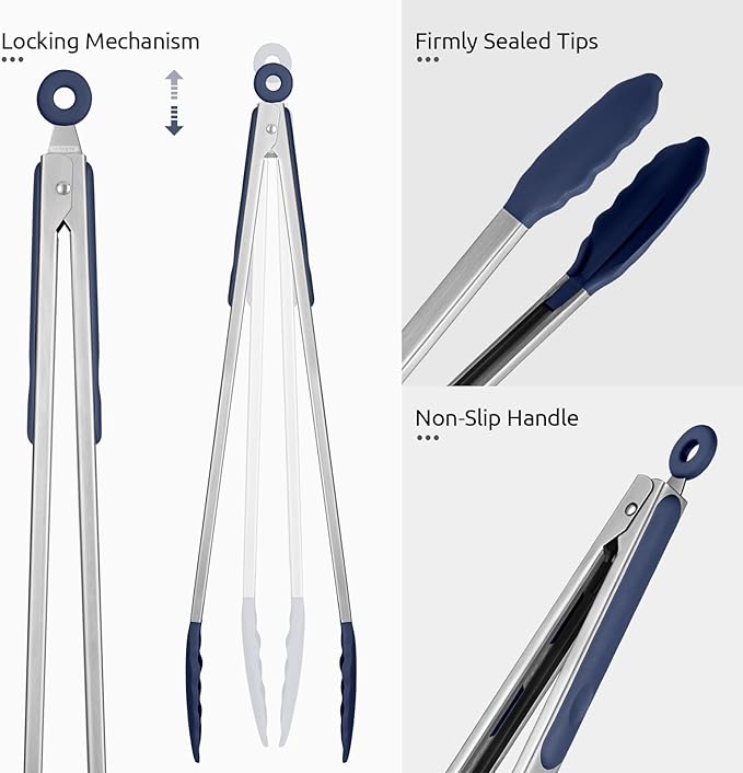600ºF Heat Resistant Kitchen Tongs: U-Taste 16 in Extra Long Large Silicone Cooking Tong with Non Stick Rubber Tips & Non Slip Silicon Coated 18/8 Stainless Steel Handle for Grill BBQ (Midnight Blue) - Image 6