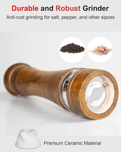 6-Inch Wooden Pepper Grinder Salt Grinder, Refillable Manual Pepper Mill, Adjustable Coarseness, Salt and Peppercorn Grinder, Easy Clean - Image 3