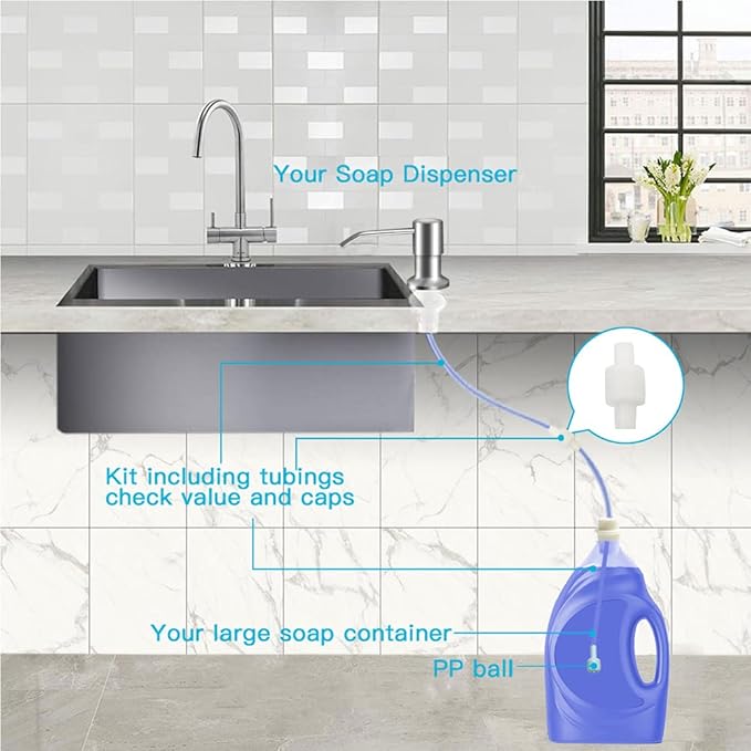 OHiHi Dish Soap Dispenser for Kitchen Sink (Brushed Nickel), Countertop Sink Soap Dispenser Water Pump with 47” No-Spill Extension Tube Kit Design for Kitchen Bathroom, No More Refills （Sliver） - Image 3