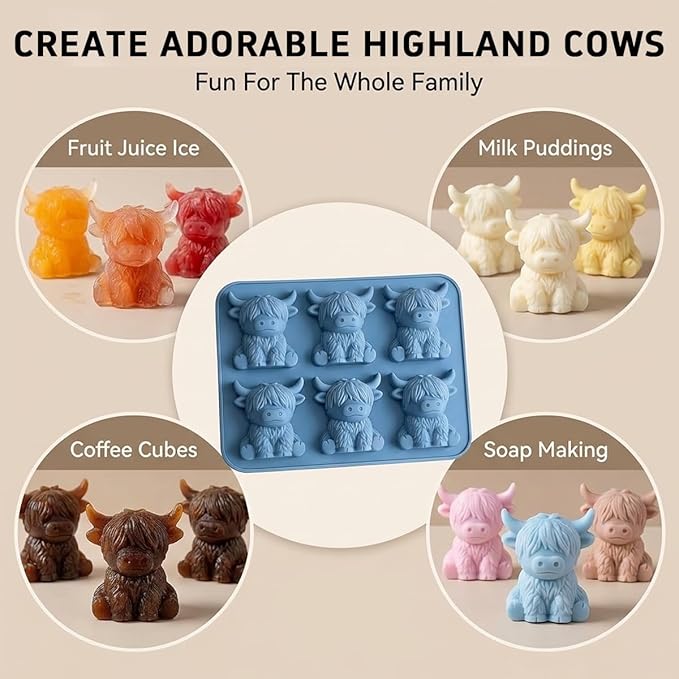 Mini Highland Cow Ice Cube Mold - Cute 3D Silicone Tray for Whiskey, Cocktails & Party Drinks, Fun Cow-Shaped Ice Maker for Bar, Home, Birthday Gift for Cow Lovers
