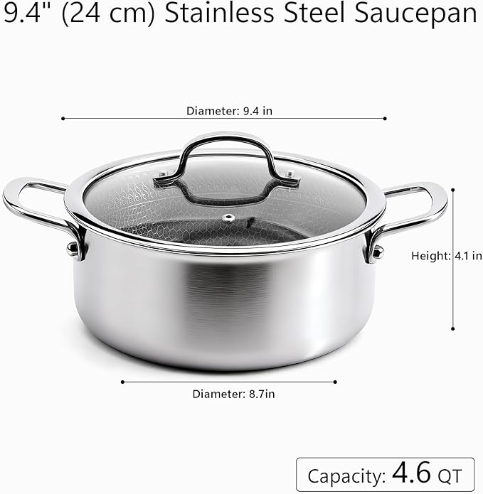 4.6 Qt Stainless Steel Stock Pot with Lid, 3-Ply 18/10 Hybrid Honeycomb Nonstick Soup Pot, 9.4 Inch Induction Pasta Pot for Simmering, Boiling & Stewing