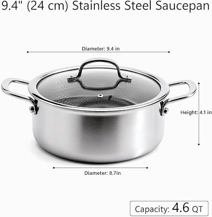 4.6 Qt Stainless Steel Stock Pot with Lid, 3-Ply 18/10 Hybrid Honeycomb Nonstick Soup Pot, 9.4 Inch Induction Pasta Pot for Simmering, Boiling & Stewing