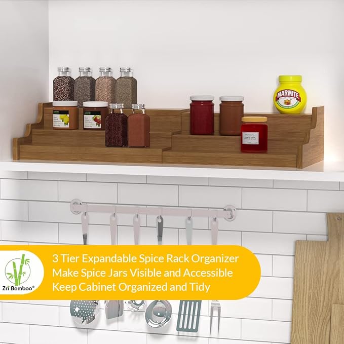 Bamboo Spice Rack Cabinet Organizer - 3 Tier Wooden Expandable Walnut Display Shelf - Image 2
