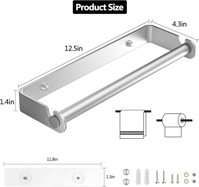 Under Cabinet Paper Towel Holder, Adhesive or Drill Mount Paper Towel Holder, Wall Mount Paper Towel Holders for Kitchen or Bathroom (Silver) - Image 2