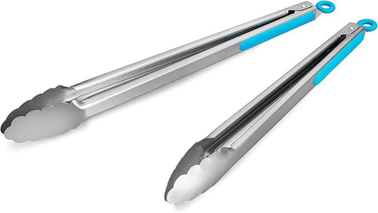 304 Stainless Steel Kitchen Cooking Tongs, 14" and 16" Set of 2 Sturdy Grilling Barbeque Brushed Locking Food Tongs with Ergonomic Grip, Blue by ALLWIN-HOUSEWARE