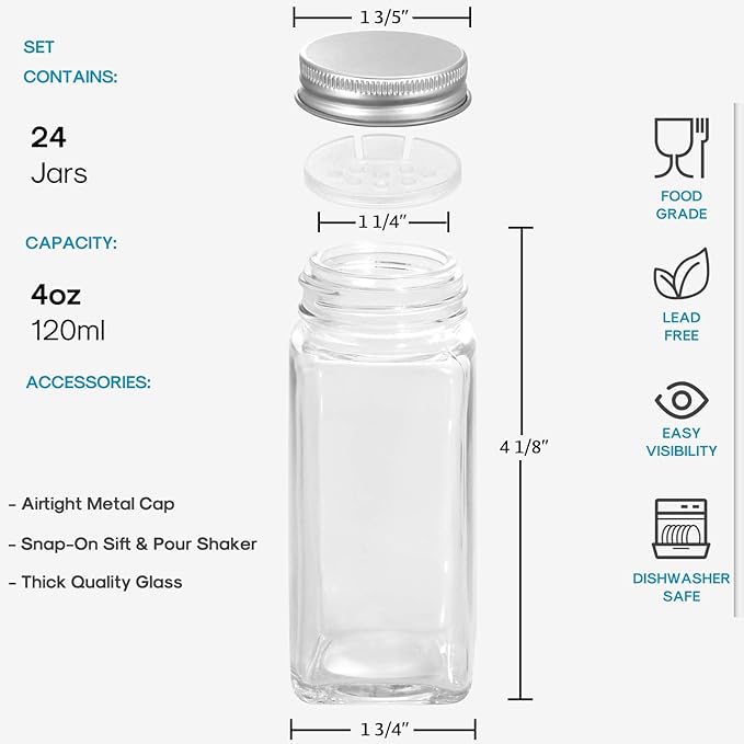 AOZITA 24 Pcs Glass Spice Jars with Labels - 4oz Empty Square Spice Bottles Containers, Condiment Pot, Shaker Lids and Airtight Metal Caps - Silicone Collapsible Funnel - Image 2