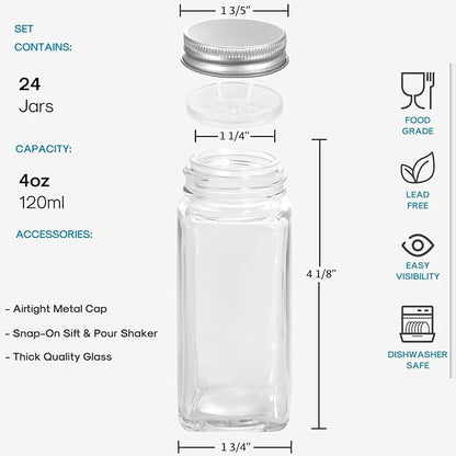 AOZITA 24 Pcs Glass Spice Jars with Labels - 4oz Empty Square Spice Bottles Containers, Condiment Pot, Shaker Lids and Airtight Metal Caps - Silicone Collapsible Funnel - Image 2