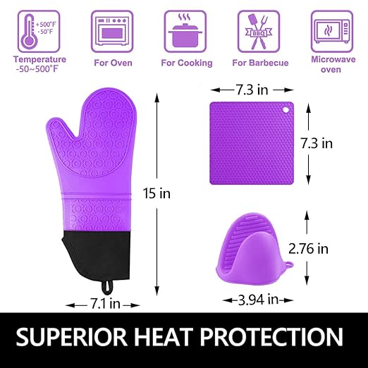 Silicone Oven Mitts and Pot Holders Sets, MTZRFLL Extra Long Heat Resistant Oven Gloves with Hot Pads and Mini Oven Mits Set for Kitchen Cooking Baking, Soft Quilted Lining, Pack of 6 (Purple) - Image 4