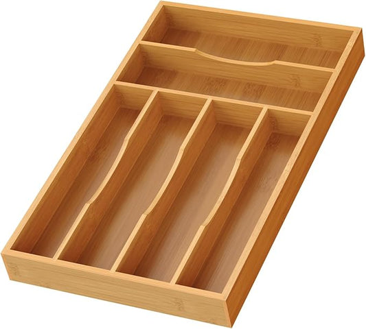 Bamboo Silverware Organizer, Bamboo Kitchen Drawer Cutlery Organizer, Utensil Holder, Flatware Organizer Tray (15.8"x9.5"x1.6")