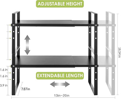 Across-Star Expandable Cabinet Shelf Organizer Rack, Stackable Kitchen Counter Storage Shelves Stand, Adjustable Height Pantry Shelf Spice Rack (Black, 2 Pack) - Image 3