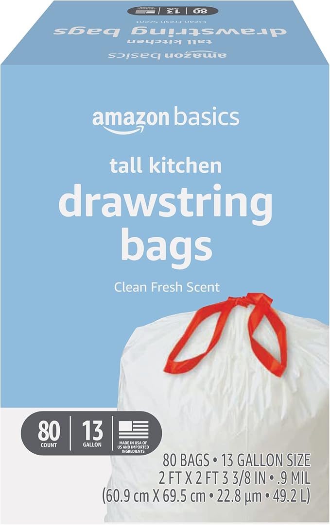 Amazon Basics Tall Kitchen Drawstring Trash Bags, Clean Fresh Scent, 13 Gallon, Odor Control, 0.9 mil Thickness, 80 Count (Previously Solimo) by AmazonBasics