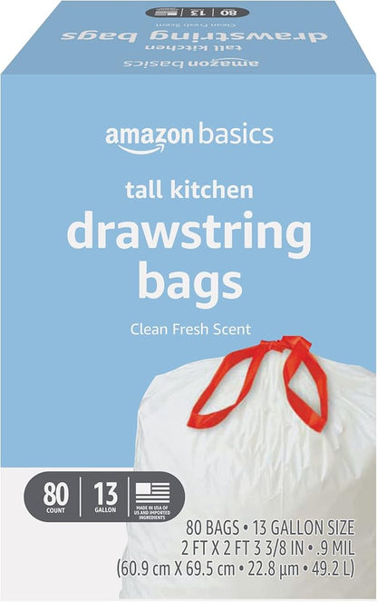 Amazon Basics Tall Kitchen Drawstring Trash Bags, Clean Fresh Scent, 13 Gallon, Odor Control, 0.9 mil Thickness, 80 Count (Previously Solimo) by AmazonBasics