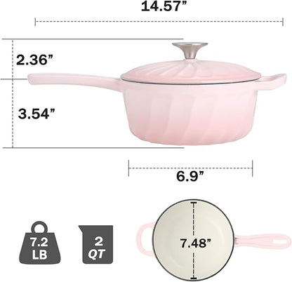 Enameled Cast Iron Sauce Pan, 2 Quart Enameled Saucepan with Lid, Small Cast Iron Pot for All Cooktops Making Pasta Sauce, Gravy, Puddings, Marinate, Boiling (Gradient Pink)